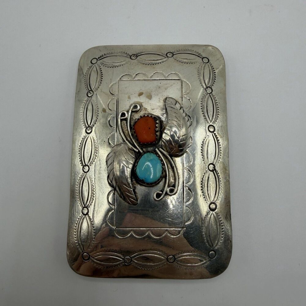 925 Sterling Silver Turquoise Coral Southwestern Belt Buckle 32.3g